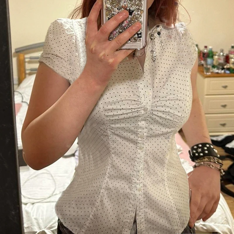 Y2k Aesthetic Grunge Crop Tops 90s Vintage Cottage Clothes Polka Dot Print Button Down T-shirt Women Short Sleeve Blouse Tees