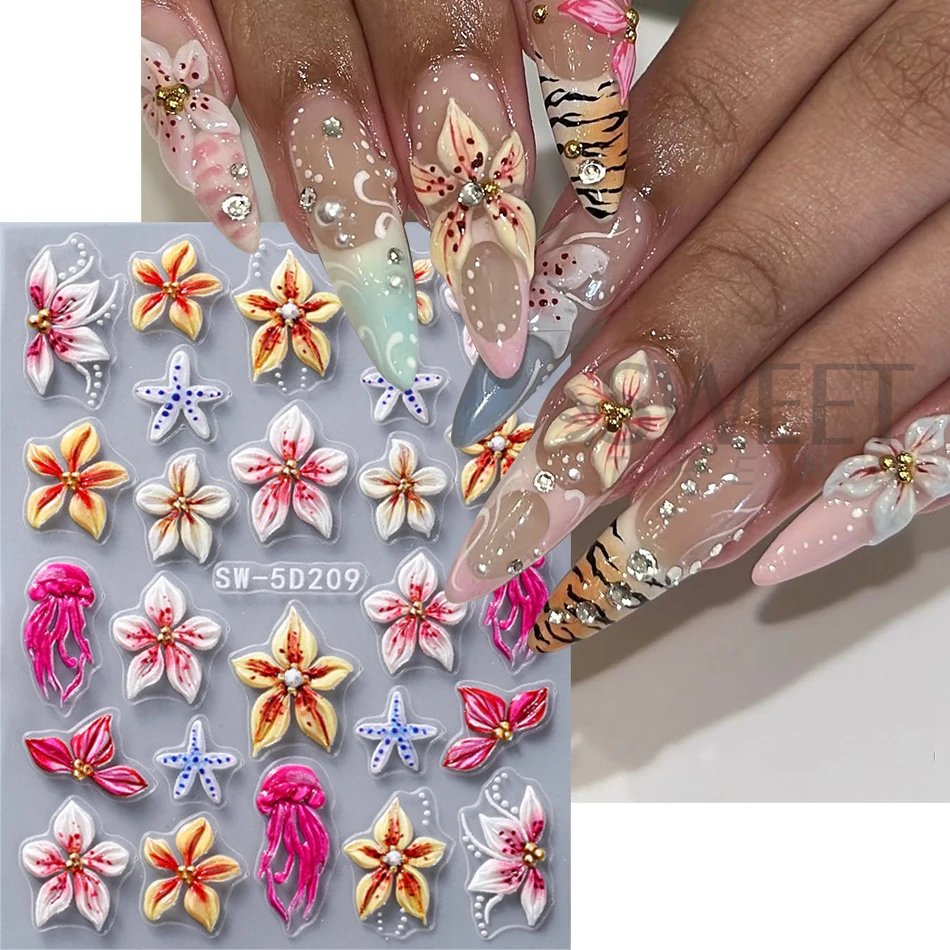 2pcs Embossed Floral Nail Stickers Spring Summer Colorful Lily Petal Starfish Design Adhesive Nail Decal DIY Manicure Decoration