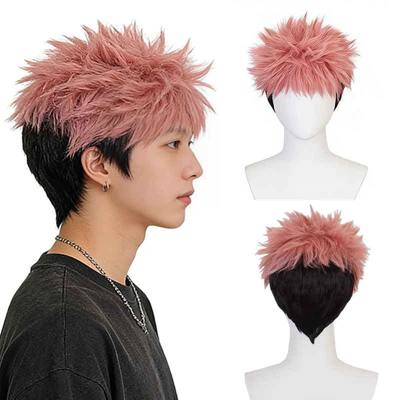 

Itadori Yuji Anime Cosplay Wig Jujutsu Kaisen Short Fluffy Layered Synthetic Hair for Universal Halloween Costume Party Daily