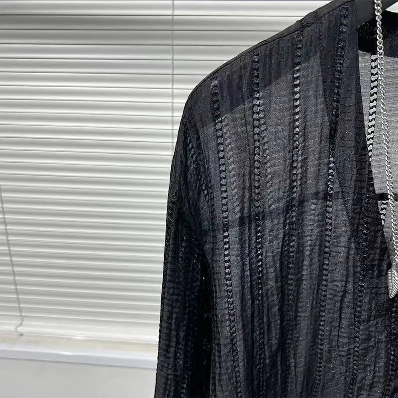 Transparent Thin Mesh Tops Men Vintage Button-up V Neck Shirts For Mens Long Sleeve Solid Color Cardigan Spring Men\'s Clothing