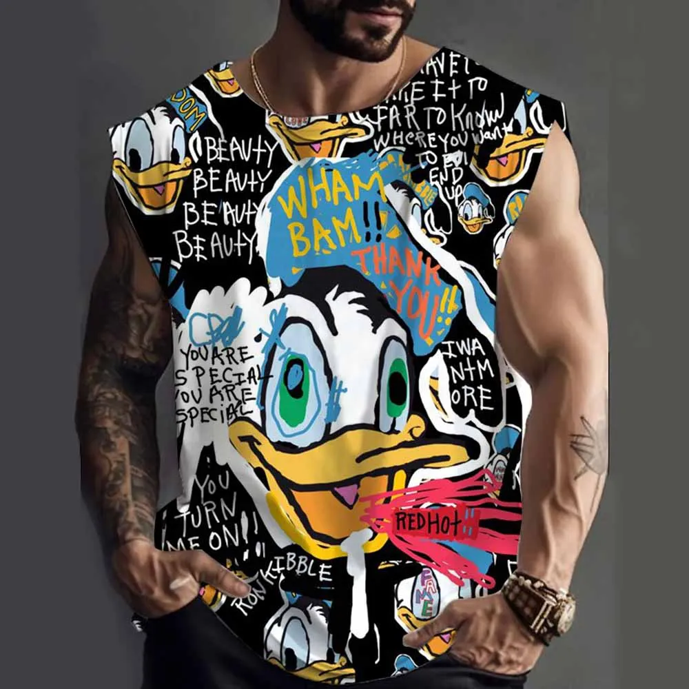 تي شيرت رياضي بدون أكمام للرجال كاجوال قابل للتنفس ورقبة دائرية بدون أكمام صيفي كاجوال من ديزني دونالد داك مطبوع عليه مضحك كلاسيكي تي شيرت