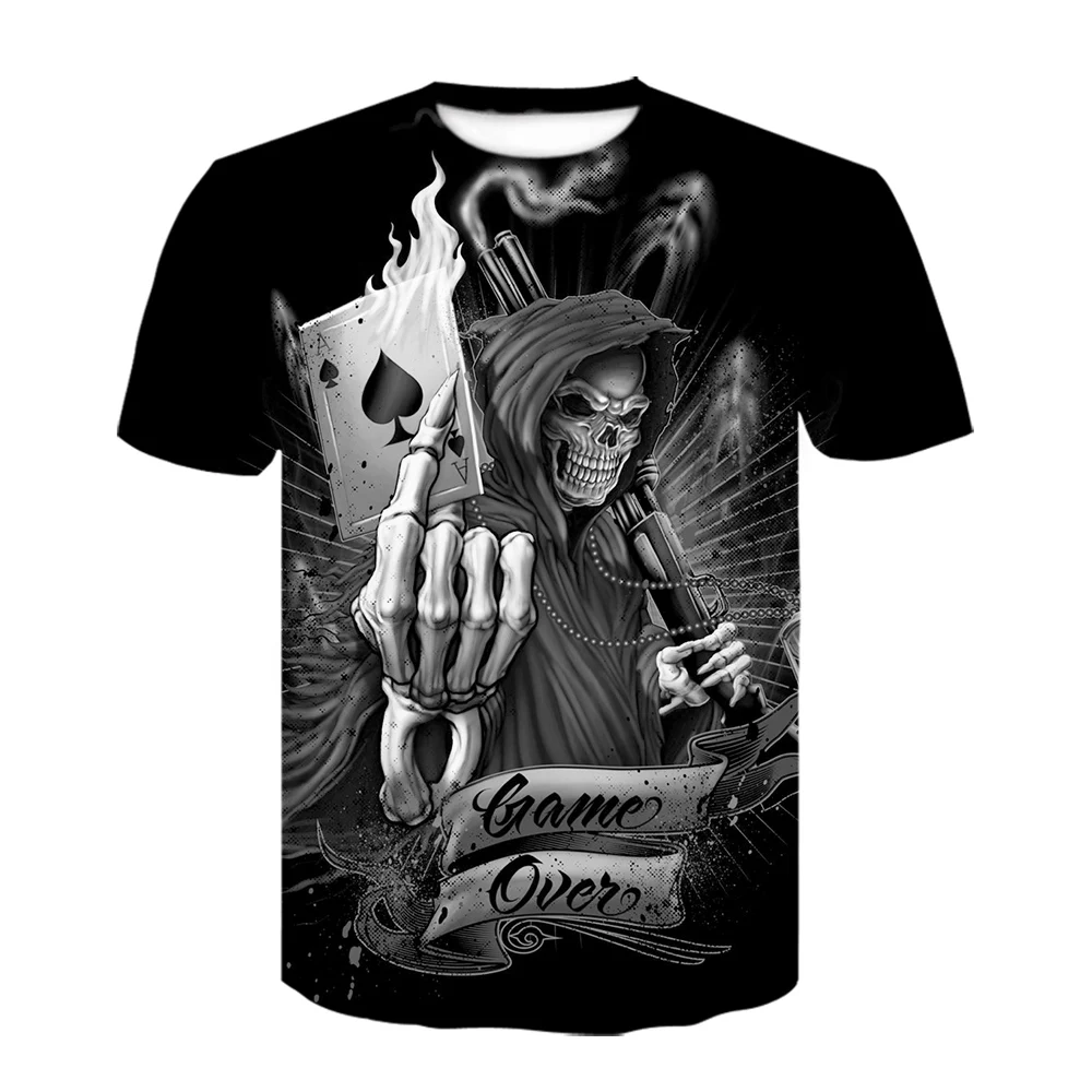 Camiseta masculina de caveira de terror estampada em 3D, blusa confortável, tamanho grande, casual, tendência de rua, personalidade moda verão