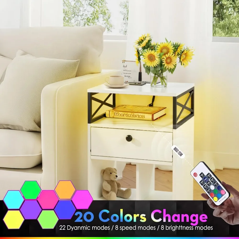 LED Lighted Nightstand Set of 2 with Charging Station, Drawers, and Storage Shelf, Modern Bedside Tables for Bedroom