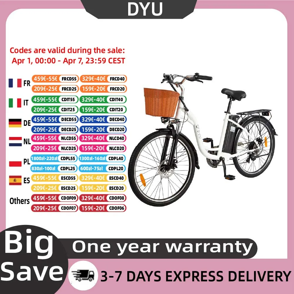DYU C6 vélo électrique 26 pouces 250W 36V 12.5AH batterie au Lithium amovible classique rétro moto urbaine extérieure auxiliaire e-bike