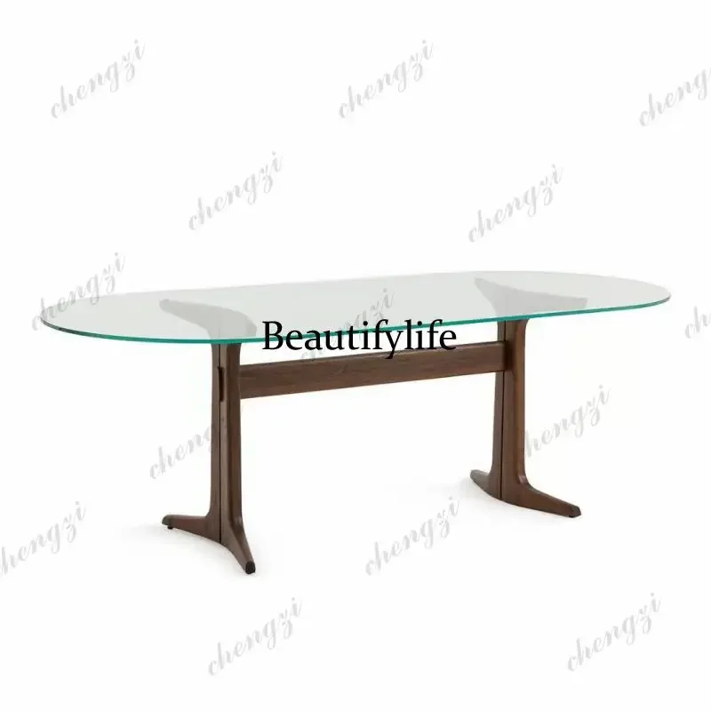 Italian minimalist tempered glass oval dining table creative North American black walnut table