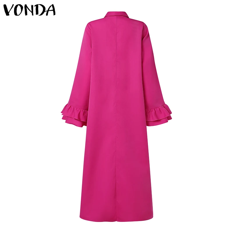 Plus Size 5XL VONDA Women Elegant Shirt Dress Ruffle Pleated Maxi Long Dress 2025 Casual Loose Solid Sundress Long Sleeve Robe
