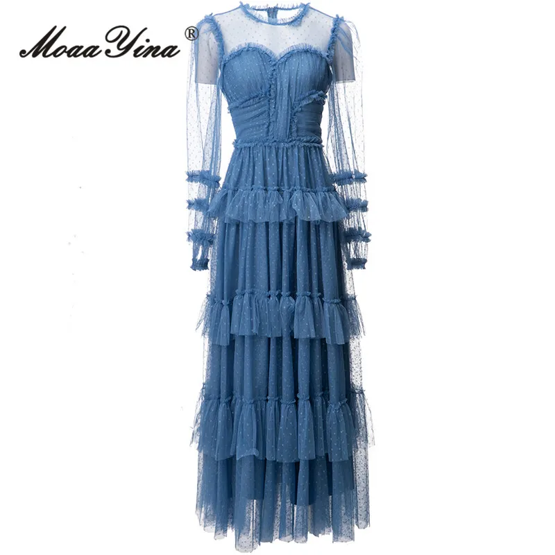 

MoaaYina Autumn Fashion Designer Light Blue Vintage Dot Dress Women Lantern Sleeve High Waist Mesh Ruffle Slim A-LINE Long Dress