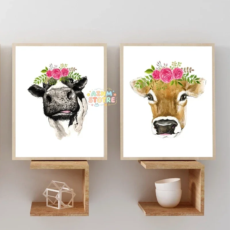 Watercolor Floral Crown Cow Farmhouse Wall Art Canvas Painting Animal Cattle Flowers Posters and Print Pictures Home Wall Dec