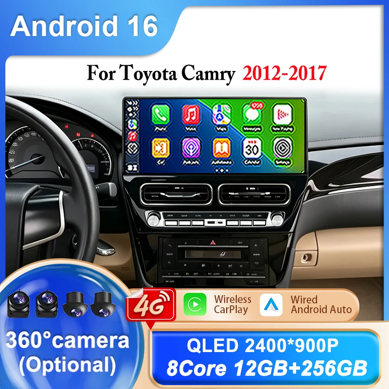12.3 inch Screen Multimedia Android 16 Car Radio Wireless CarPlay For Toyota Camry  2012-2017 Head Unit Multimedia Player Stereo