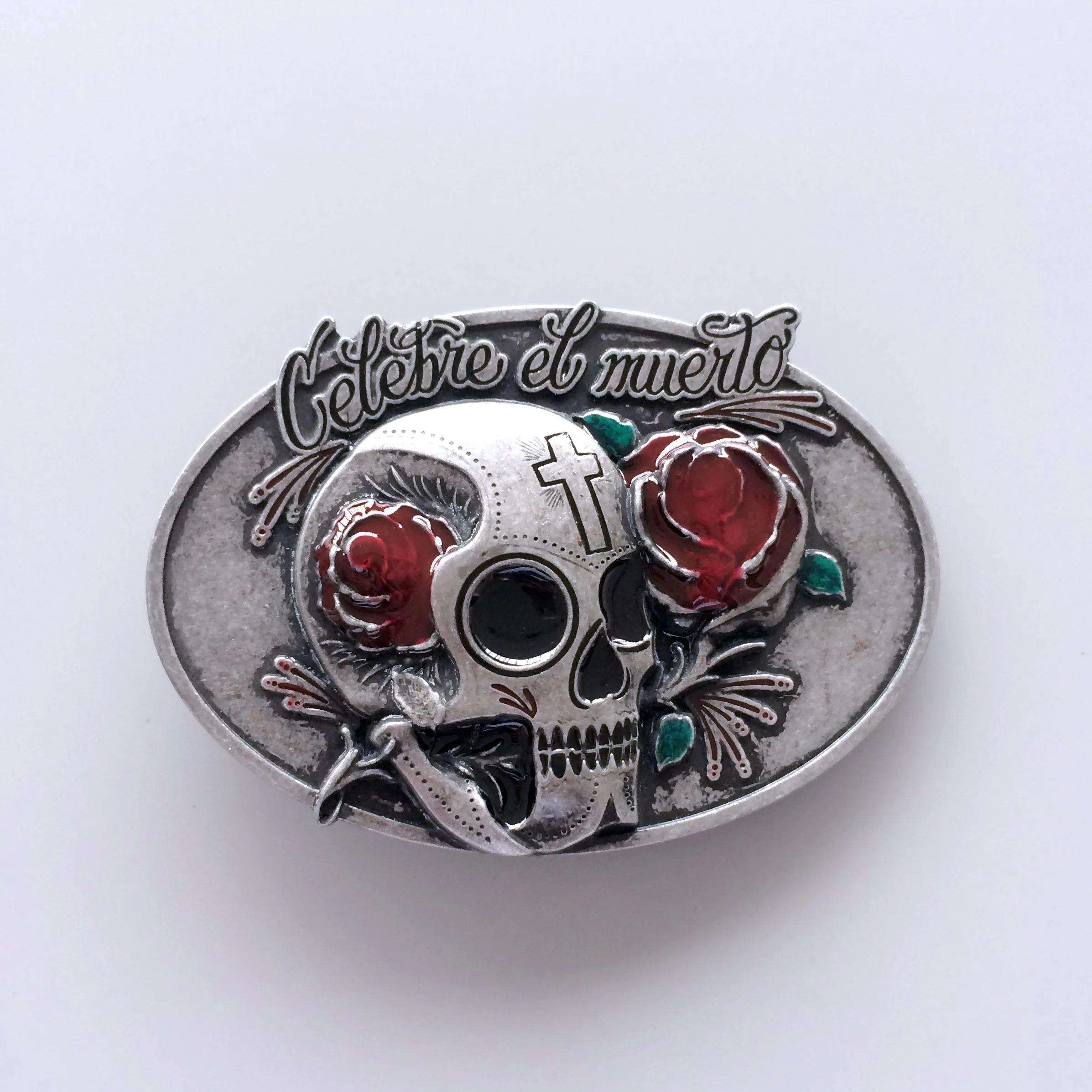 ヴィンテージオーバルまたはヴィンテージディストレストタトゥーローズフラワースカルウェディングベルトバックル-buckle-sk035
