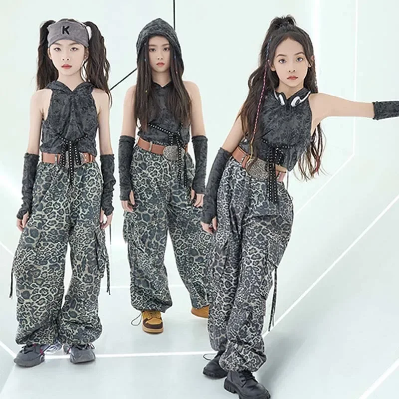 

Kids Jazz Dance Costume Hip Hop Kpop Performance Wear Sleeve Tops Leopard Print Pants Girls Fashion Clothes Streetwear
