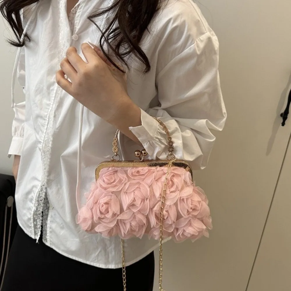 

Retro Chiffon Evening Banquet Bag 3D Chain Kiss Lock Shoulder Bag Korean Style Large Capacity Crossbody Bag Wedding