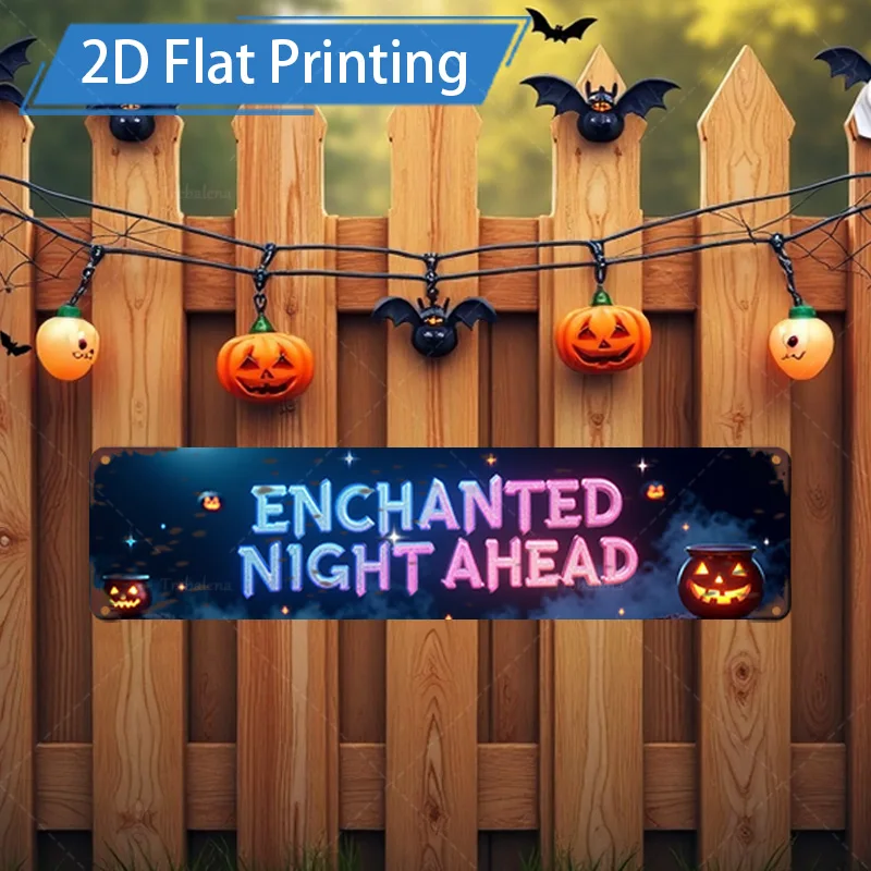 1 قطعة علامة معدنية، 4 × 16 بوصة ليلة مسحورة أمام: مشهد اليقطين والخفافيش للهالوين علامة معدنية ديكور فني #1