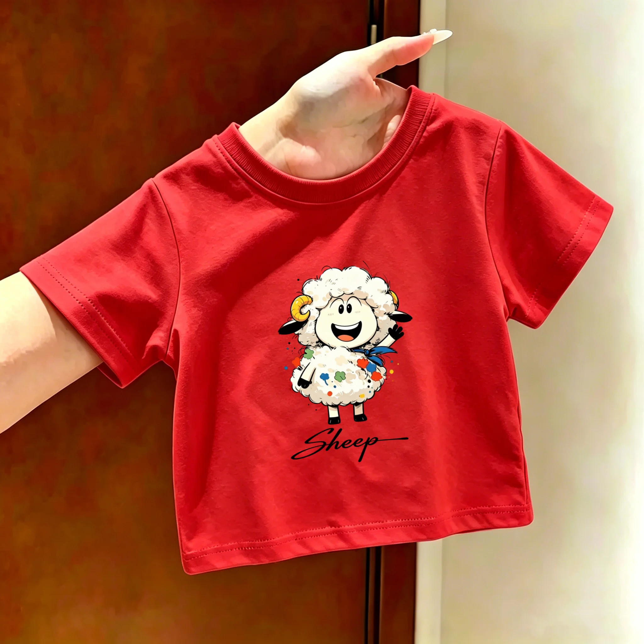Children's Cartoon Lamb Short Sleeved T-shirt Summer New Style, Cute and Sweet, Versatile Children's Parent-child Top