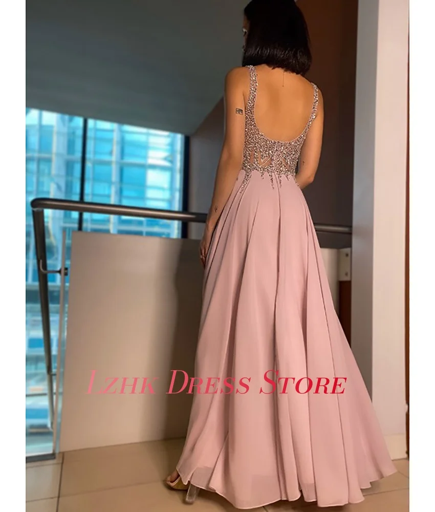 Aangepaste Luxe Chiffon A-lijn Kristal Spaghettibandjes Avondjurk Mode Lieverd Mouwloos فسات dhás namiة