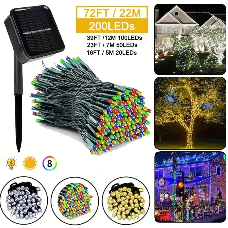 12M 8 Modes Solar String LED Fairy Lights Garland Festoon Outdoor Sunlight Powered Waterproof Lamps Christmas Garden Party Decor