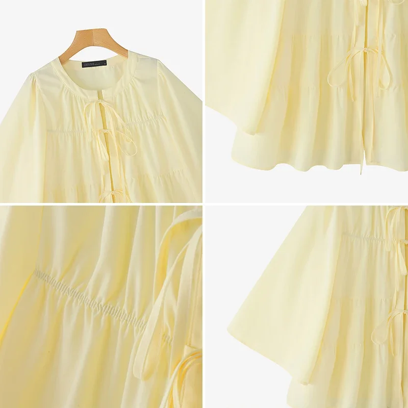 ZANZEA 2026 Mode Vrouwen Blouse Casual Flare Mouw Tops O Hals Tuniek Lace-Up Shirts Effen Kleur Zomer Trui oversized