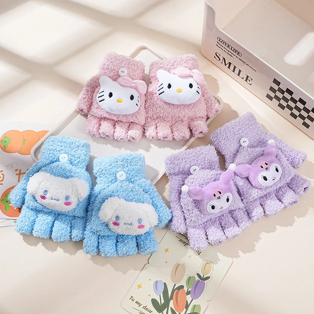 جديد Kawaii سانريو الأطفال قفازات دافئة Kuromi بلدي ميلودي الباردة واقية الشتاء قفازات الاصبع أفخم شاشة اللمس الدافئة الأطفال الهدايا #6