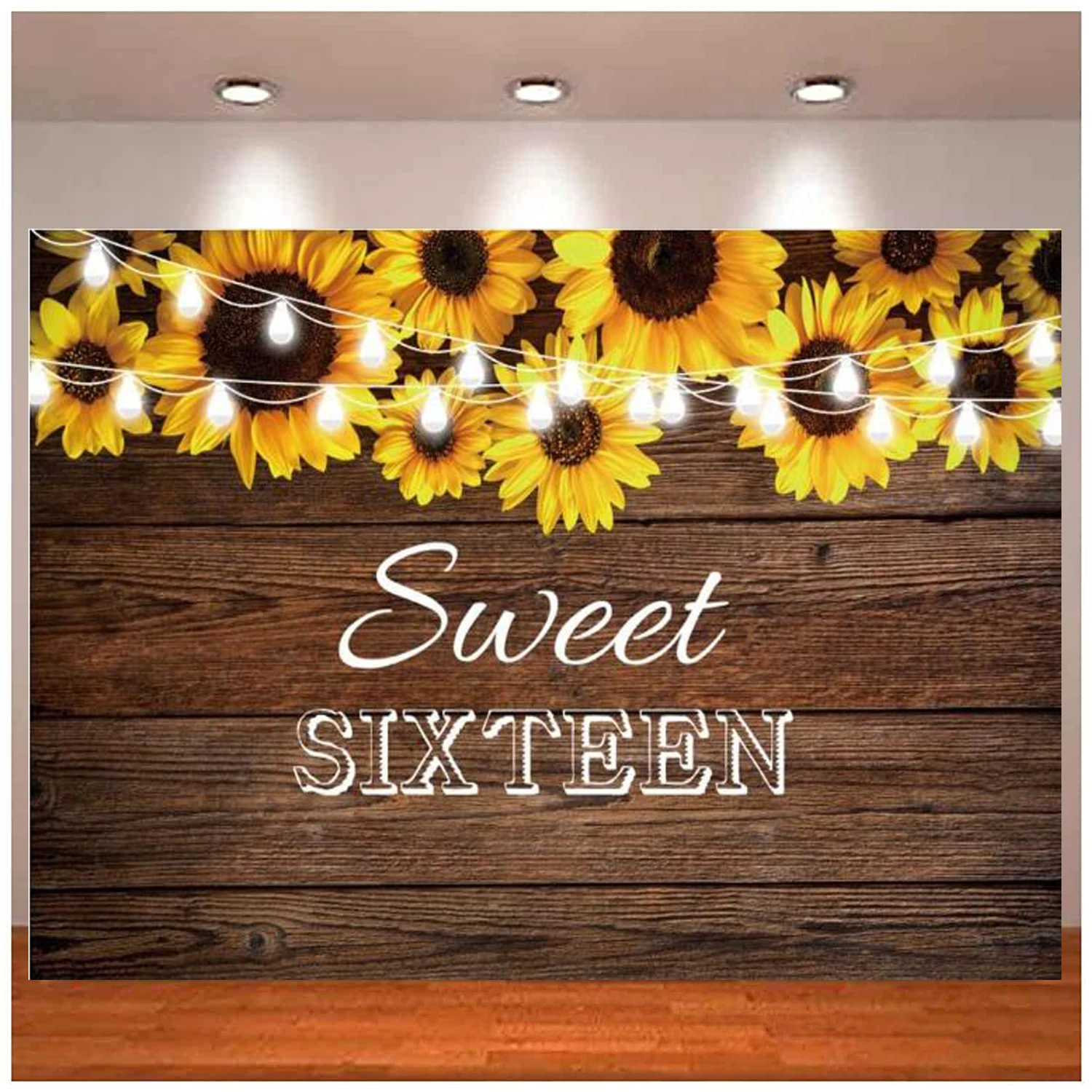 

Sweet Sixteen Photography Backdrop 16th Birthday Party Background Brown Wooden Wall Sunflowers Lamp Banner Photo Studio Props