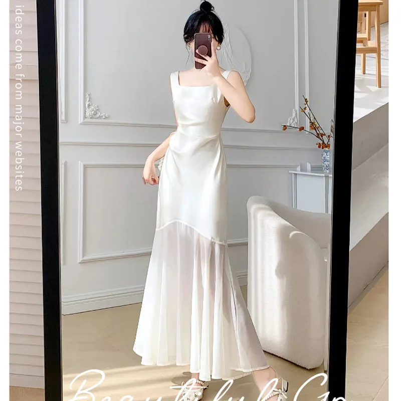 여성 우아한 화이트 새틴 베스트 이브닝 파티 드레스 섹시 루치드 슬림 여성 쉬폰 스플라이싱 러플 머메이드 드레스 2025