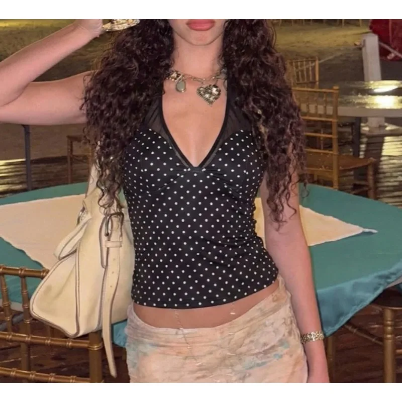 

Europe, America 2026 Spring and Summer New Fashion Polka Dot Versatile Backless V-neck Neck Top Temperament Waist Sling