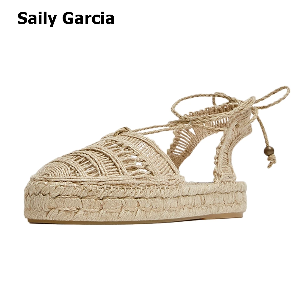 Round Toe Hollow Cross Tied Flat Espadrilles 2023 Summer New Solid Gladiator Shoes Retro Simple Breathable Causal Women Sandals