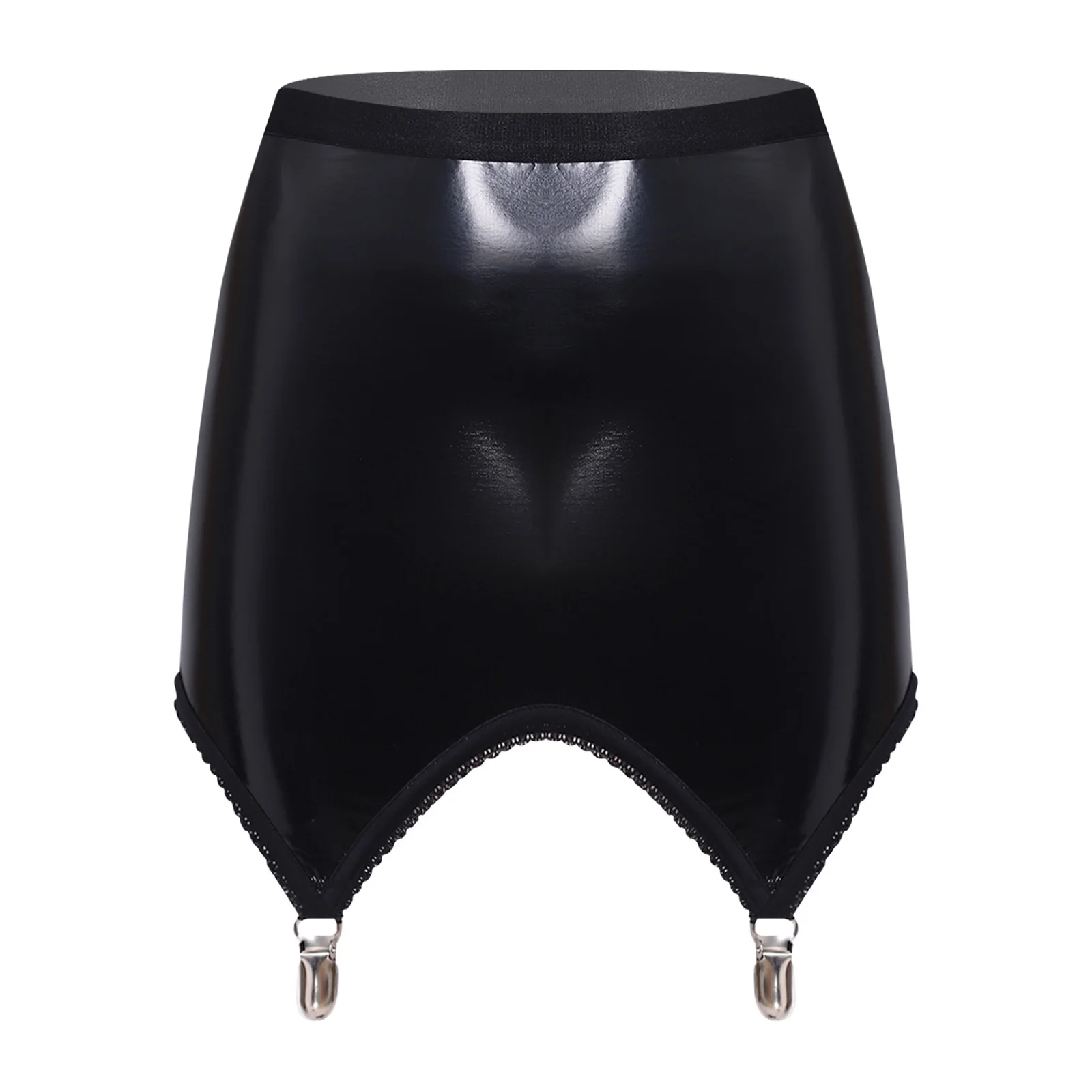 

Womens Glossy PU Bodycon Miniskirt with Built-in Garter Clips High Waist Wet-look Stretchy Skirt Clubwear for Night Rave Party