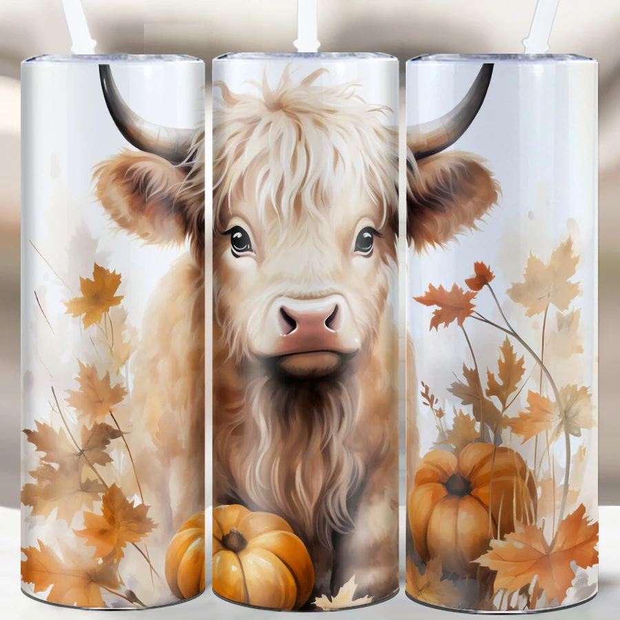 1Pc 3D Print Fall Highland Cow Water Bottle Straw Lid Stainless Steel Hot Cold Insulated Coffee Mugs Holiday Party Supplies