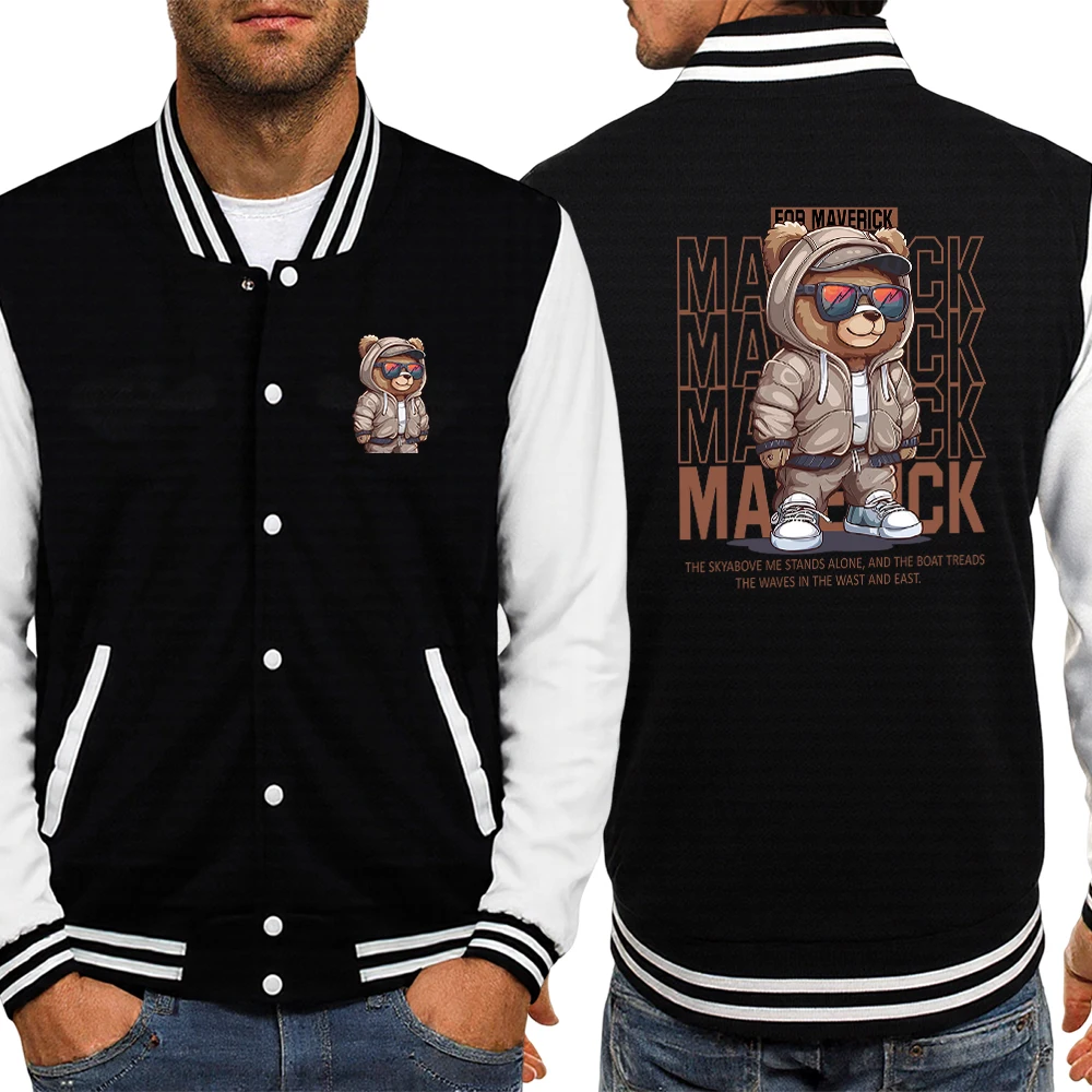 

For Maverick Sport Brown Cartoon Bear Print Men Baseball Uniform Soft Street Jacket O-Neck Fleece Jackets Sports Warm Clothes