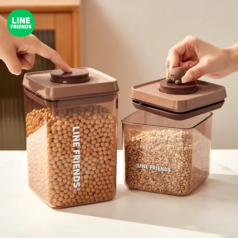 Line Friends Brown Cartoon Sealed Jar Press Type Snack Candy Jar Anime Kawaii Moisture-proof Plastic Household Grain Storage Jar