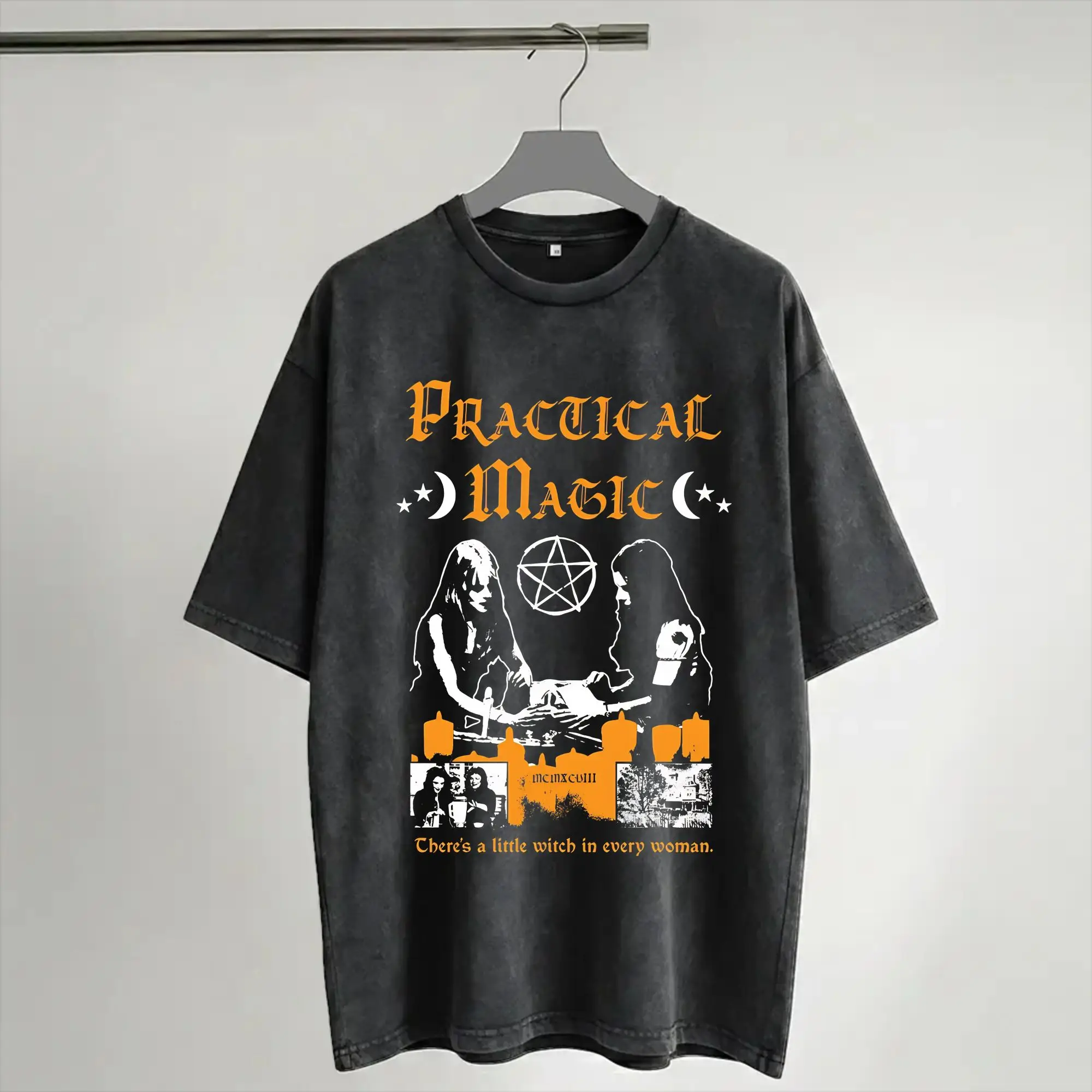 Harajuku Washed Shirt Practical Magic Witchcraft Witches Pentagram Occult Witchy Outfit Retro T-Shirts Oversize  Streetwear