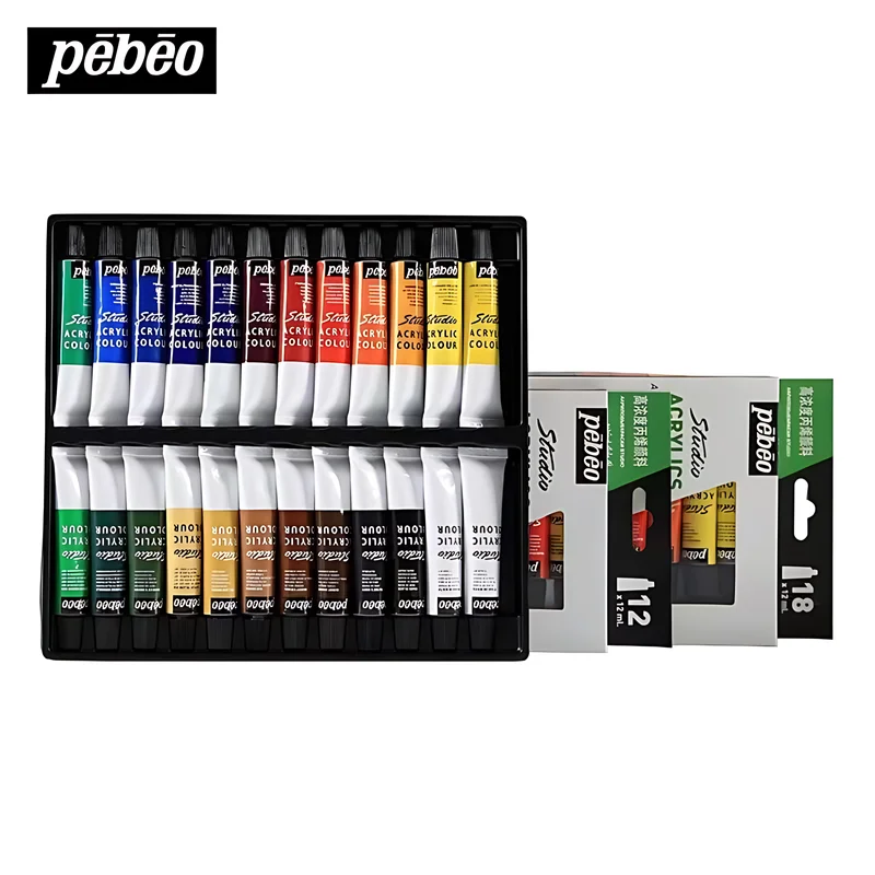 Pebeo Set profesional cat akrilik 12/18/24 warna, perlengkapan seni lukisan cat akrilik lukisan tangan DIY 12 ml