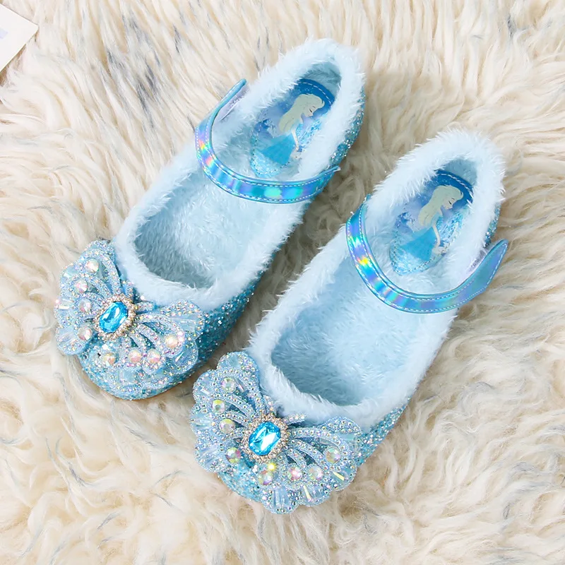 Disney Autumn Fashion Pearl Bow Rhinestone Frozen Elsa Princess Girl Shoes Flat Kids Princess Warm Winter Shoes Size 23-36