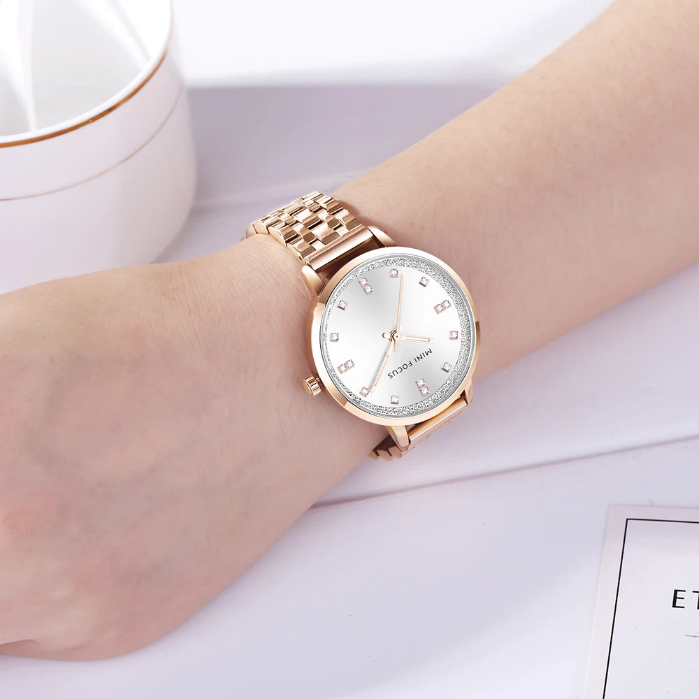 MINI FOCUS Luxury Women's Watch Fashionable Stainless Steel Rhinestone Minimalist Girl Outdoor Travel Women Wrist Watches 0047L