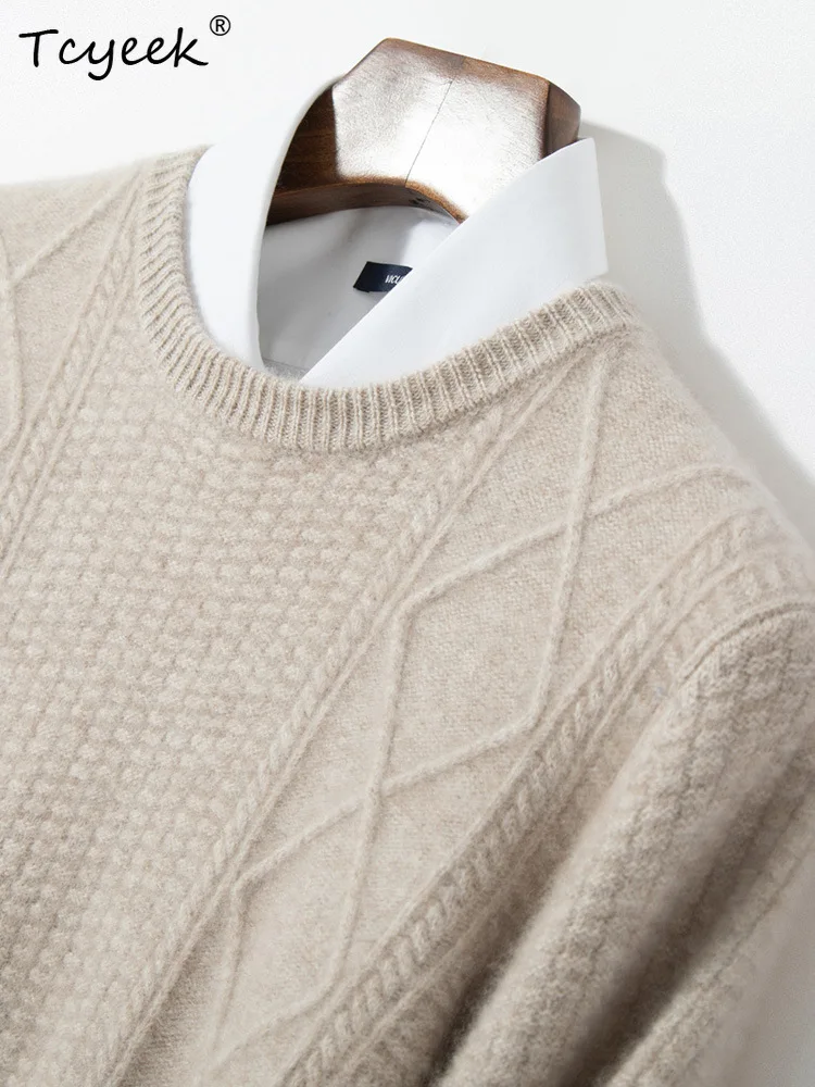 Tcyeek, Cashmere Wool Blended Thick Sweaters, Men's O Neck Jacquard, Soft High Quality Sweater, 2024 Autumn Winter T47956QM