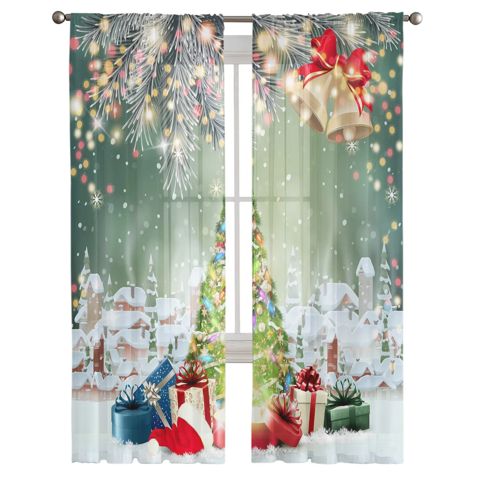 Christmas Tree Bells Village Snowing Sheer Curtains Home Decorations Window Tulle Curtains For Living Room Bedroom Kitchen