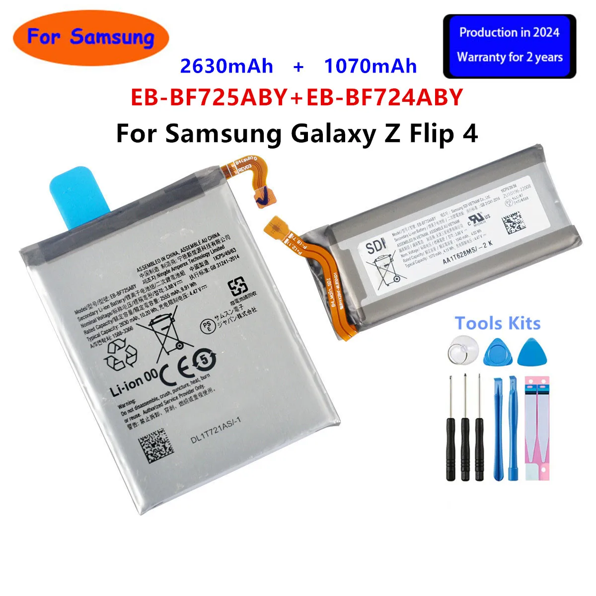 Brand New EB-BF725ABY+EB-BF724ABY( 2630mAh+1070mAh) Battery  For Samsung Galaxy Z Flip 4 Flip4 SM-F7210  Mobile Phone Batteries