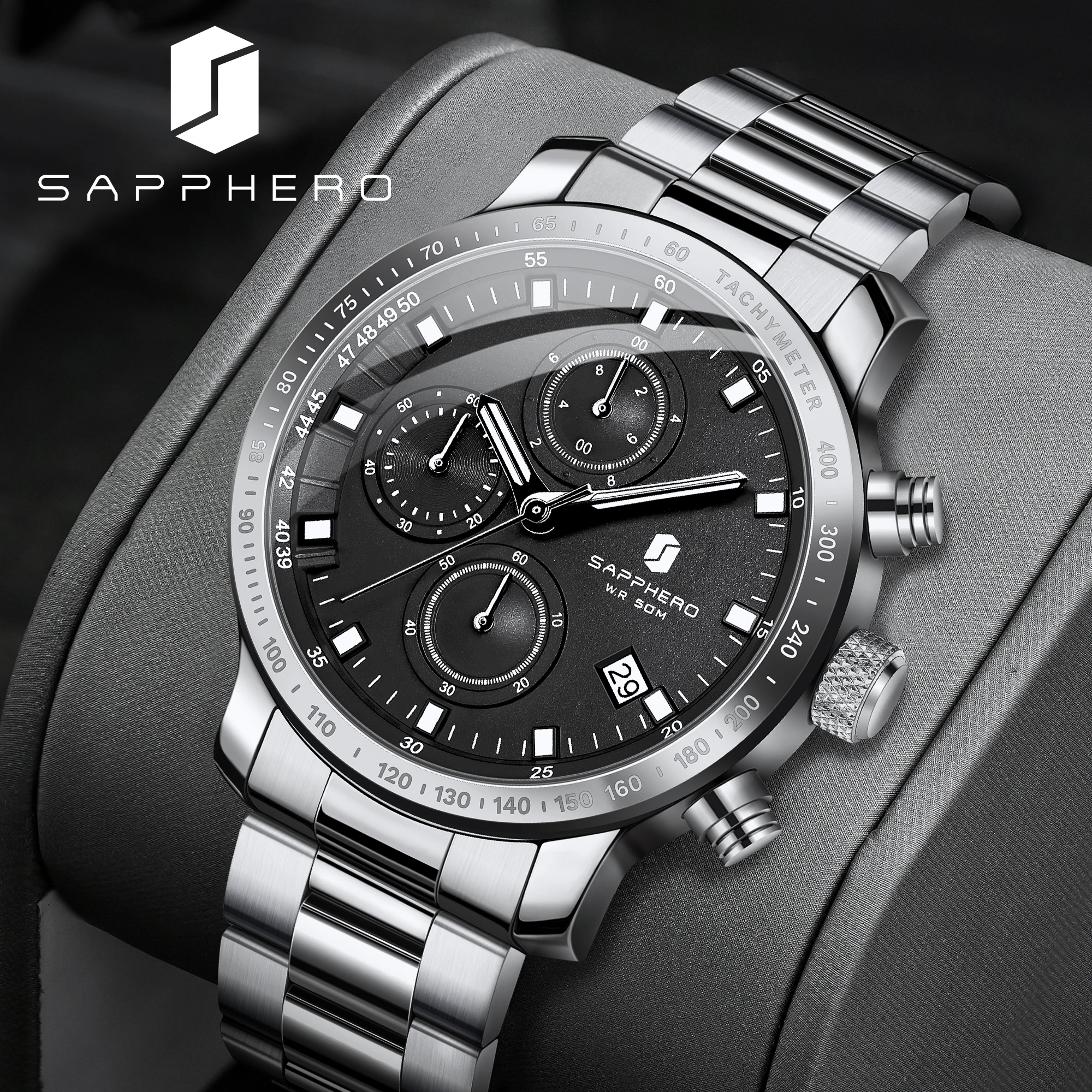 

SAPPHERO Men Chronograph Quartz Watch Stainless Steel 50M Waterproof Date Display Analog Wristwatch Business Sports Luxury Watch