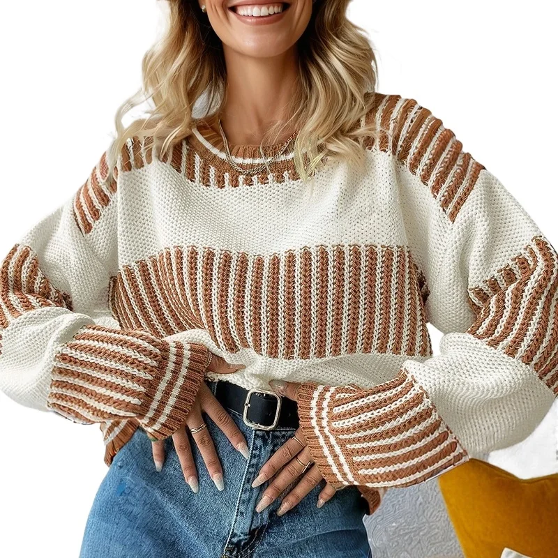 

Оптовая продажа, объемный цветной блок, двухцветный полосатый лоскутный свободный пуловер с заниженными плечами, женский свитер