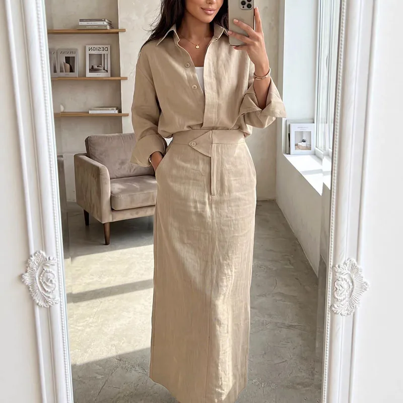 Elegantes Damen-Set: Schlichte lange Leinenröcke mit Revers-Langarmhemden und Halbrock-Sets – Modische, einfarbige, schmale Pendler-Outfits