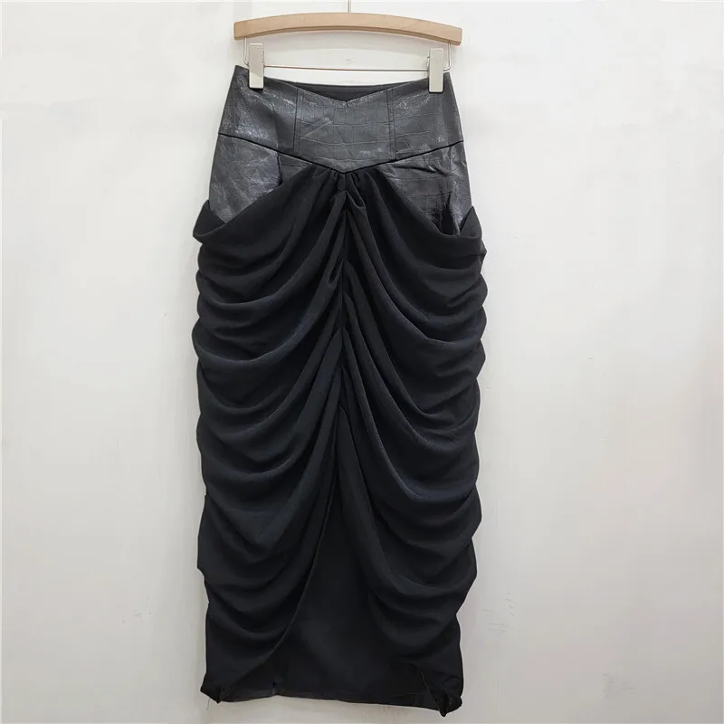 DEAT Women's Skirt Black Pu Leather Patchwork Pleated Split Mesh Design Female Long Skirts 2024 New Fashion Autumn 29L8951