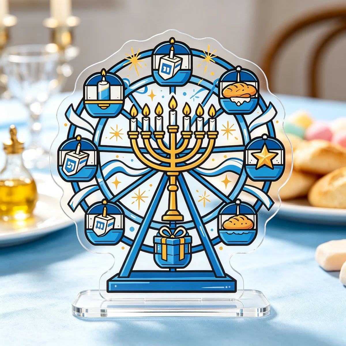 Hanukkah Ferris Wheel-Shaped Acrylic Stand with Base and Double-Sided Design, Holiday Decoration