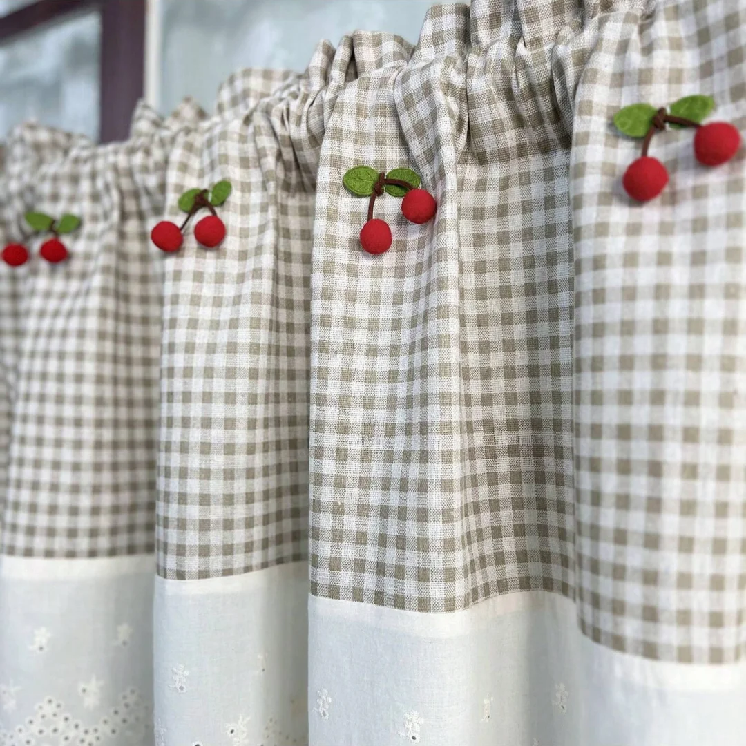 

American Pastoral Light Coffee Plaid Short Curtain For Kitchen,Red Cherry Curtain For Windows,Small Window Curtain,Door Curtains