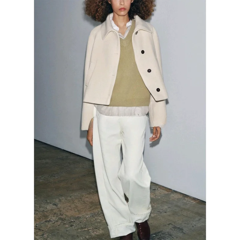 tapete Sle ort Comprimento Longo Sve Gola virada para baixo Botão único Casaco feminino de outono com corte reto de poliéster F...