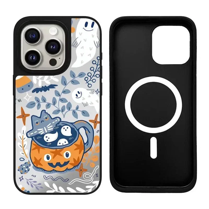 

Halloween Ghost Pumpkin iPhone 11 12 13 14 15 16 Pro Max Mirror Surface MagSafe Case Cover Shell