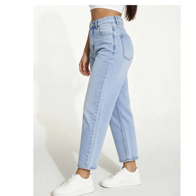 Women Light Blue High Waist Harem Jeans Loose Slim Ankle Length Dad Jeans Casual Vintage Washed Denim Tapered Trousers