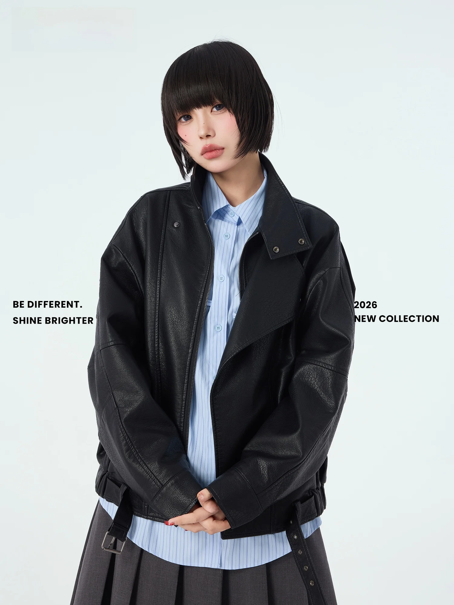 

Didimax Spring New Bla PU Leather Jaet Motorcycle Sle Ele Women's ort Coat Functional Sle Long Sve Zipper