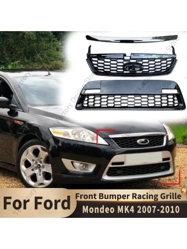 Frontstoßstange Rennkühlergrill Oberer und Unterer Kühlergrill für Ford Mondeo MK4 2007 2008 2009 2010 Karosserie-Kit Tuning Kühlergitter