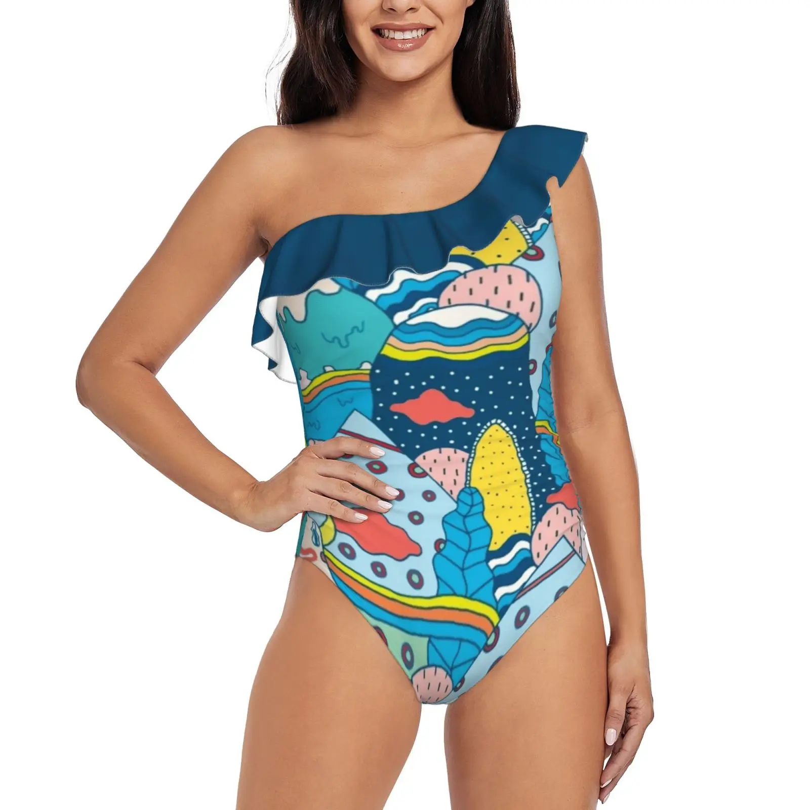 

Lost! One Shoulder Ruffle Swimsuit Print Swimwear Female One Piece Monokini Bathing Suit Nature Monster Fun Pattern Colour Cool