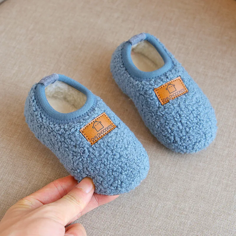 2023 Autumn Winter Children Home Slippers Baby Non-slip Warm Indoor Cotton Shoe Solid Color Fur Kids Shoes Boys Girls Flip Flops